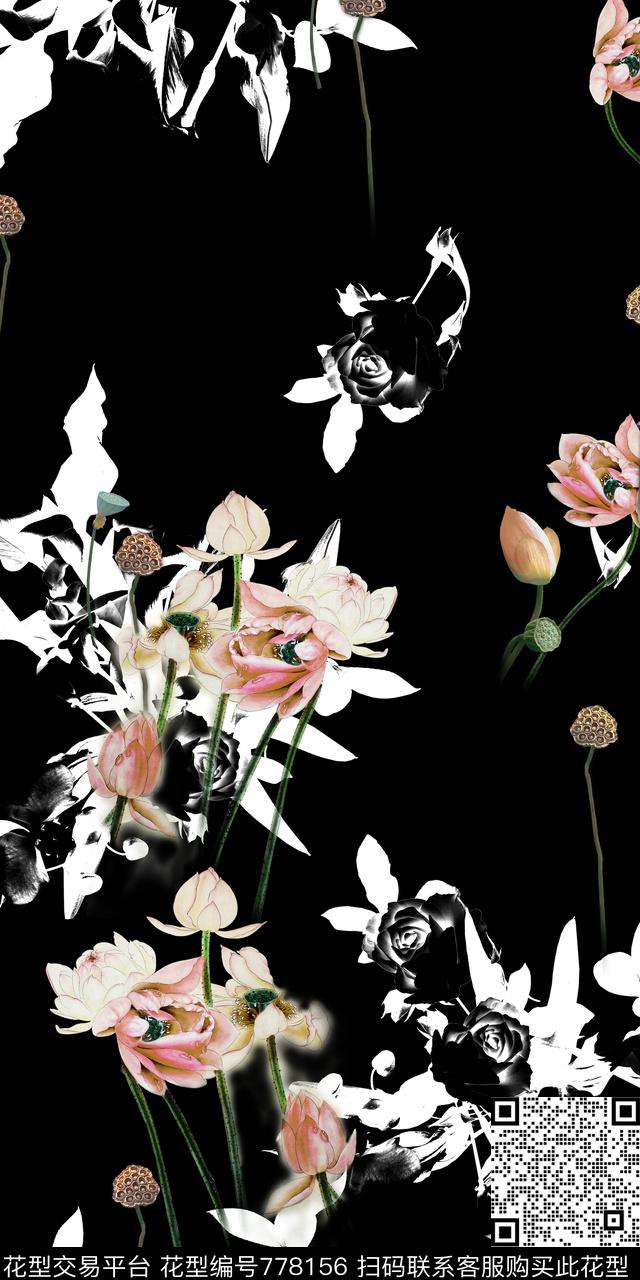 黑白花卉荷花数码印花华亿平台下载（图片编号: 778156） - 瓦栏（Walan）