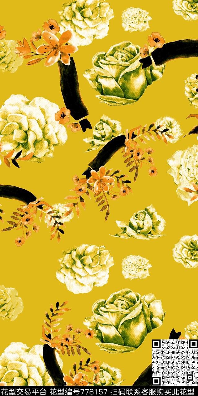 花卉水墨笔触数码印花华亿平台下载（图片编号: 778157） - 瓦栏（Walan）