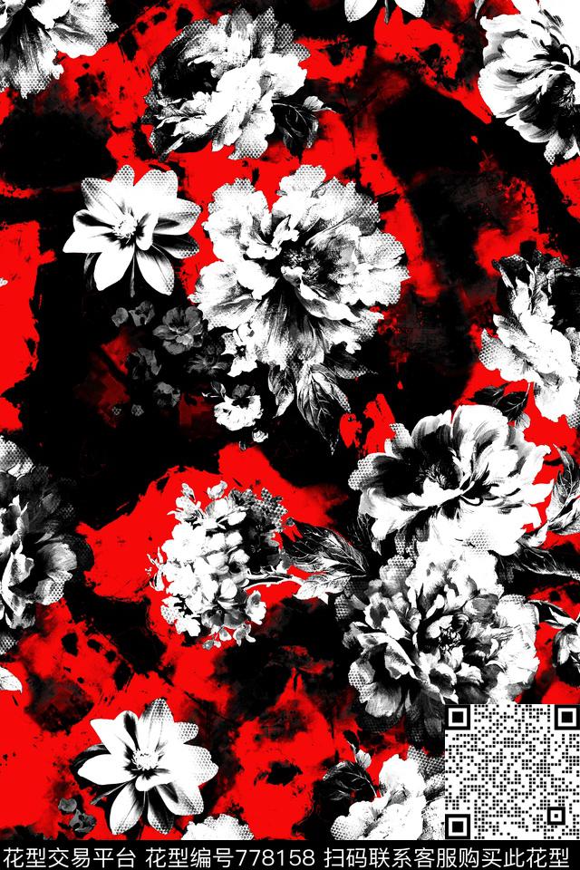 迷彩黑白花卉数码印花华亿平台下载（图片编号: 778158） - 瓦栏（Walan）