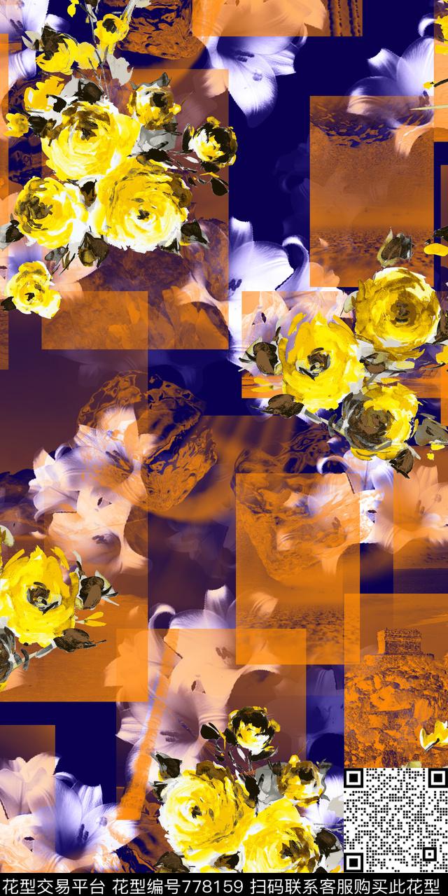 手绘花卉几何数码印花华亿平台下载（图片编号: 778159） - 瓦栏（Walan）
