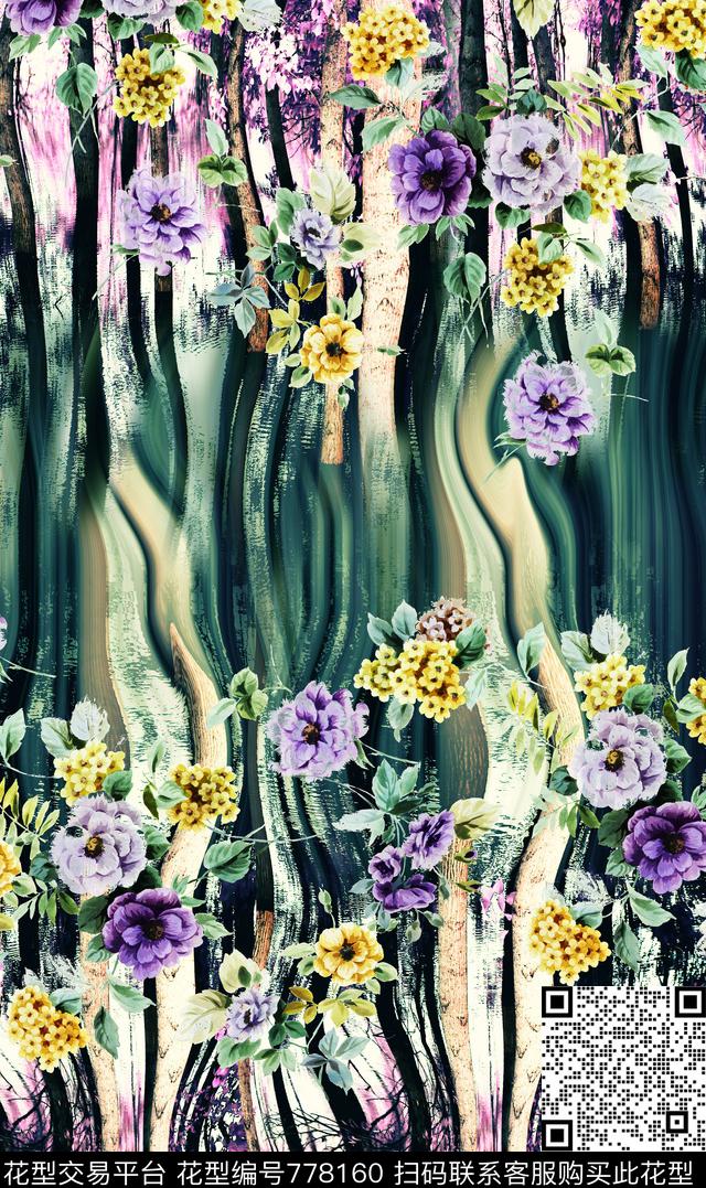 手绘花卉树林数码印花华亿平台下载（图片编号: 778160） - 瓦栏（Walan）