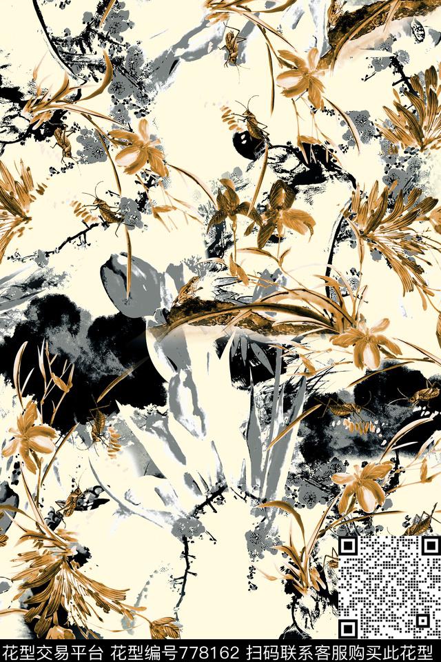 水墨花卉花草数码印花华亿平台下载（图片编号: 778162） - 瓦栏（Walan）