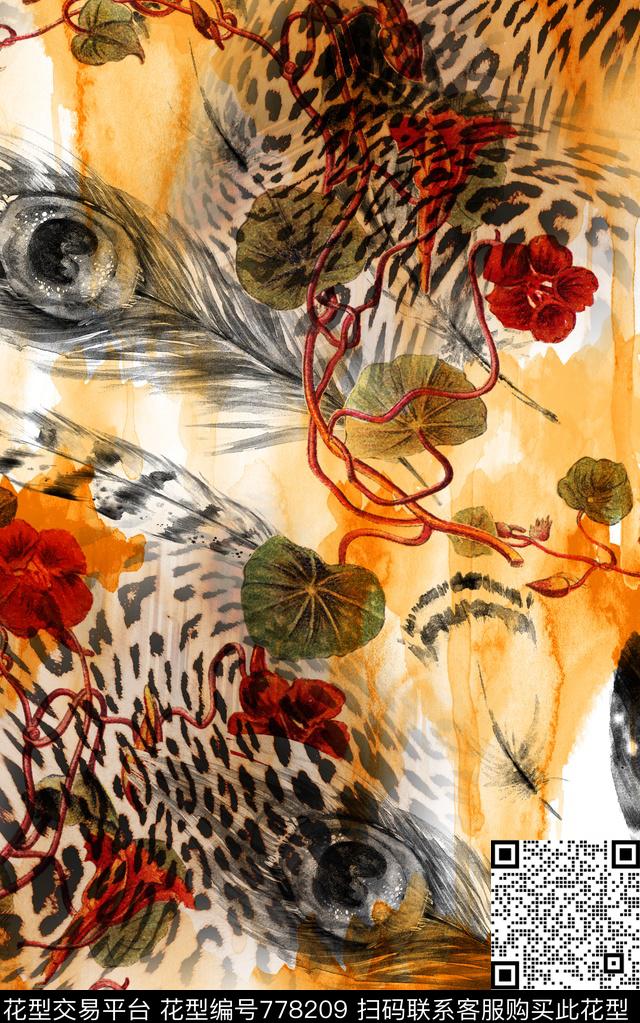 花卉羽毛虎皮数码印花华亿平台下载（图片编号: 778209） - 瓦栏（Walan）