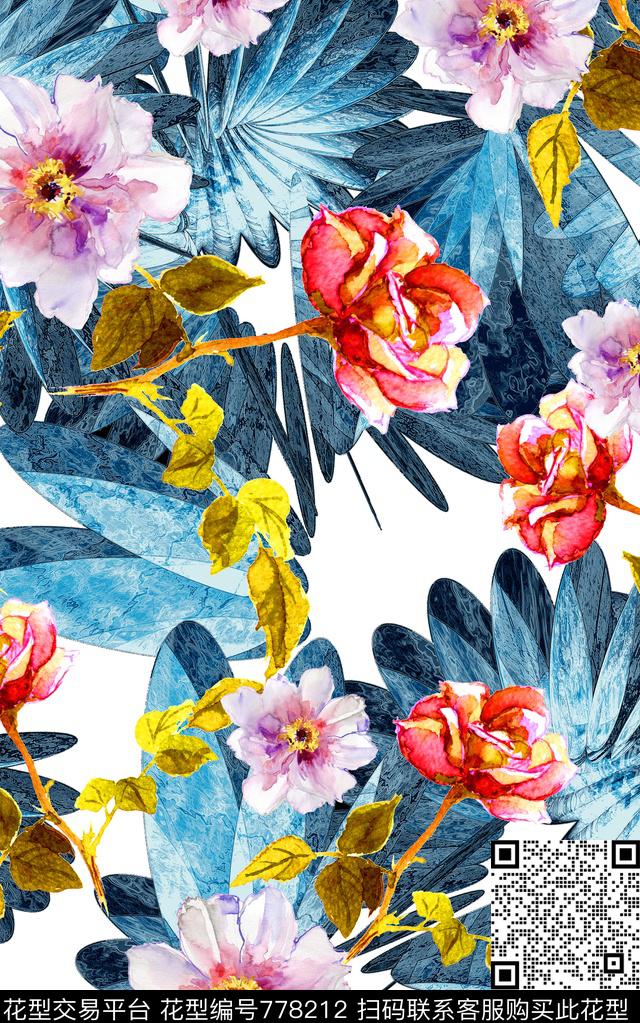 肌理花卉手绘花数码印花华亿平台下载（图片编号: 778212） - 瓦栏（Walan）