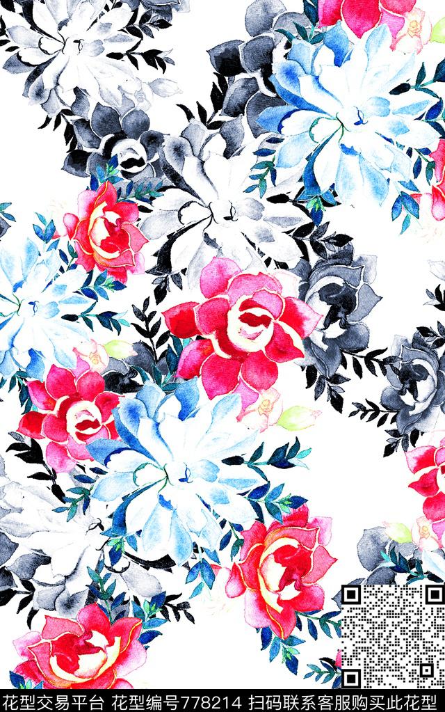 花卉水彩大花数码印花华亿平台下载（图片编号: 778214） - 瓦栏（Walan）