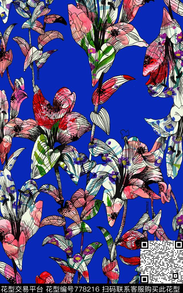 花卉水彩大花数码印花华亿平台下载（图片编号: 778216） - 瓦栏（Walan）