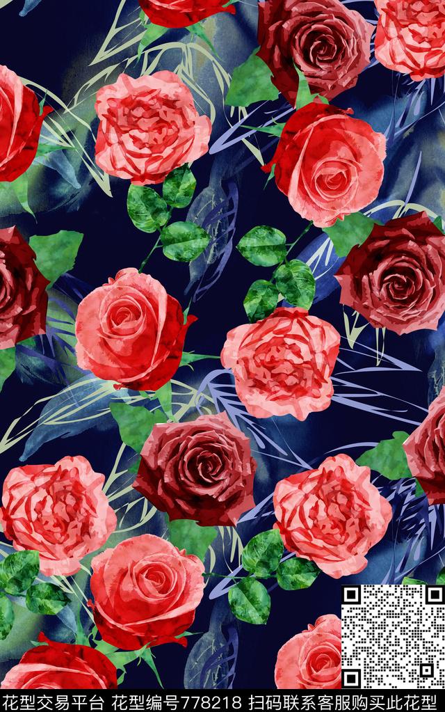 花卉水彩大花数码印花华亿平台下载（图片编号: 778218） - 瓦栏（Walan）