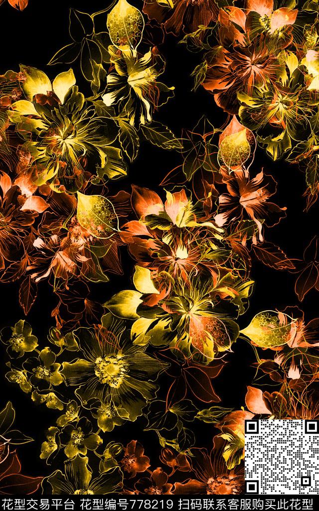 花鸟水彩大花数码印花华亿平台下载（图片编号: 778219） - 瓦栏（Walan）
