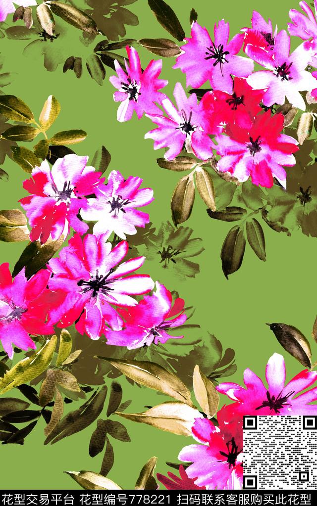 水彩花卉大花数码印花华亿平台下载（图片编号: 778221） - 瓦栏（Walan）