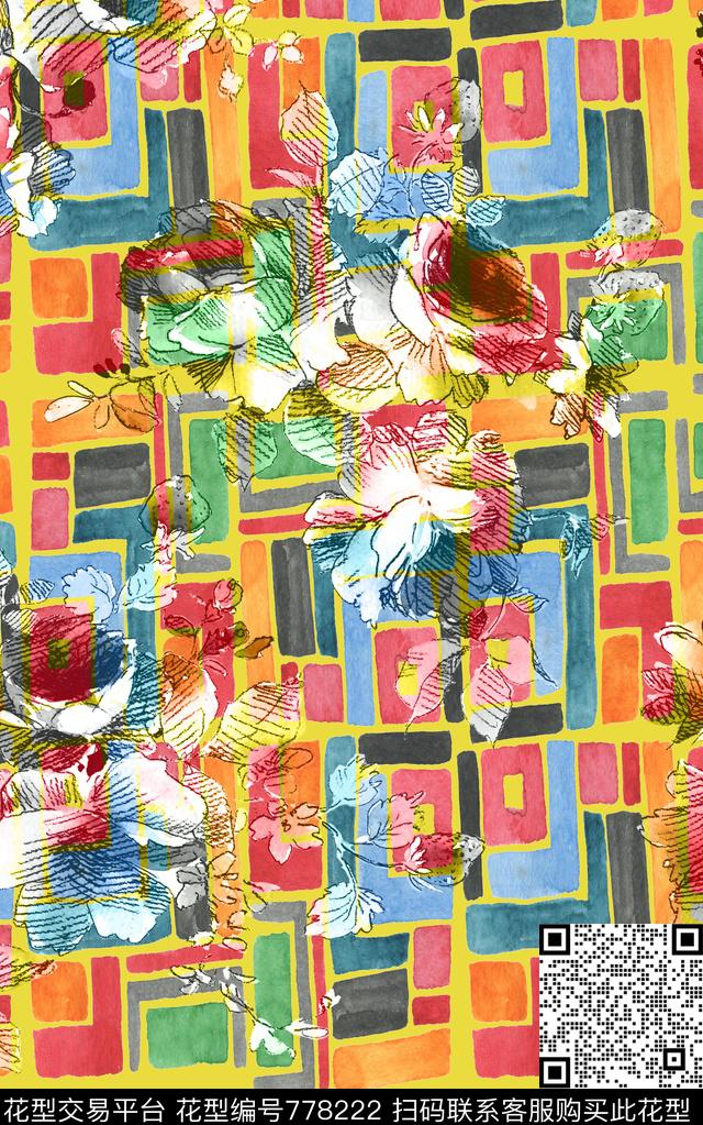 花卉大花几何数码印花华亿平台下载（图片编号: 778222） - 瓦栏（Walan）