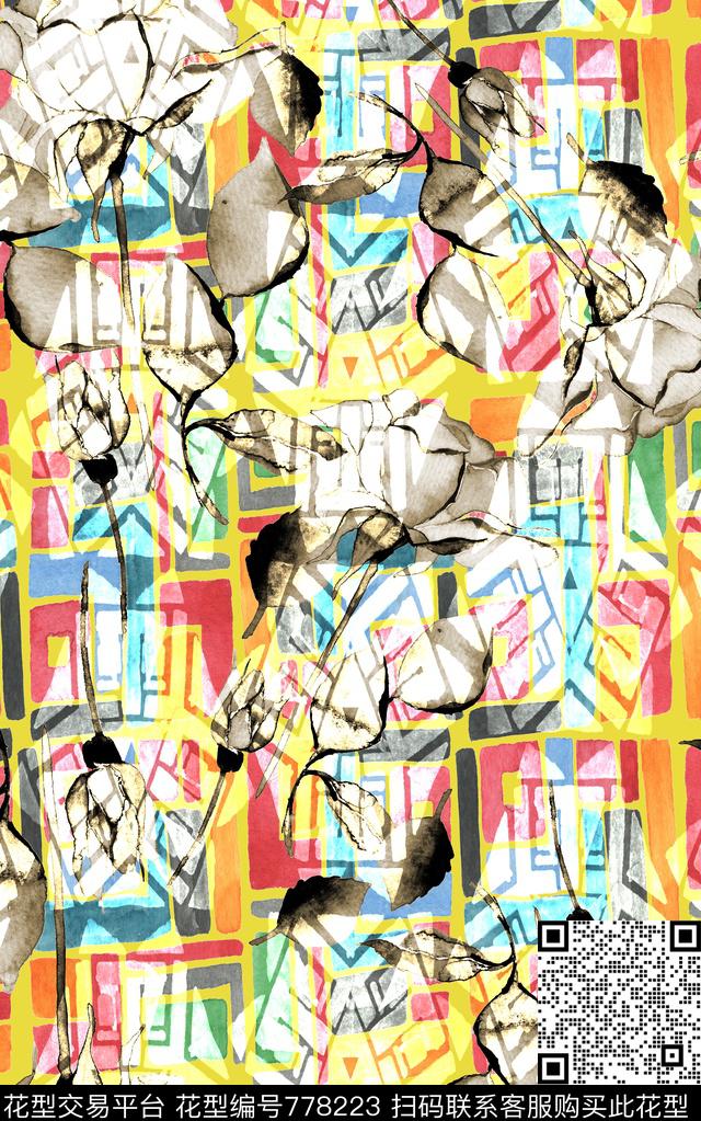 几何花卉大花数码印花华亿平台下载（图片编号: 778223） - 瓦栏（Walan）
