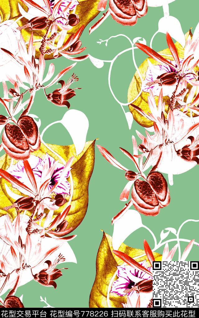 大花花朵花卉数码印花华亿平台下载（图片编号: 778226） - 瓦栏（Walan）