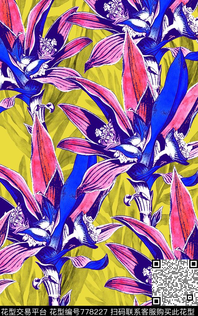 大花花卉水彩数码印花华亿平台下载（图片编号: 778227） - 瓦栏（Walan）