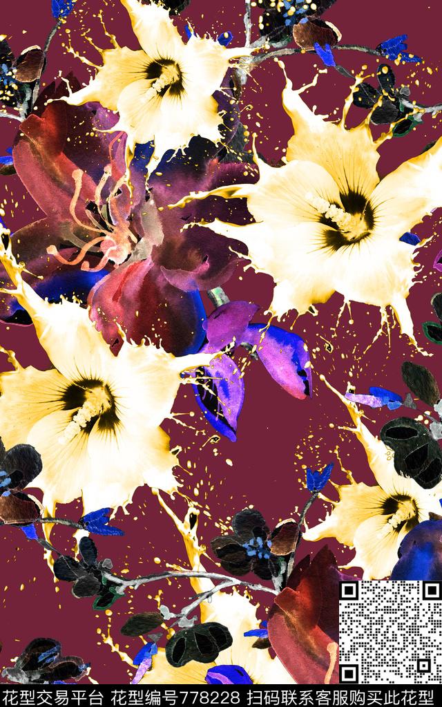 大花花卉水彩数码印花华亿平台下载（图片编号: 778228） - 瓦栏（Walan）