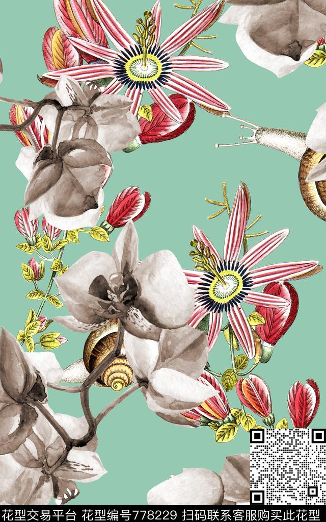 昆虫花卉水彩数码印花华亿平台下载（图片编号: 778229） - 瓦栏（Walan）