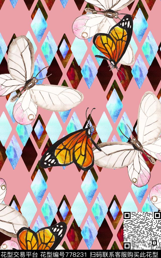 几何昆虫蝴蝶数码印花华亿平台下载（图片编号: 778231） - 瓦栏（Walan）