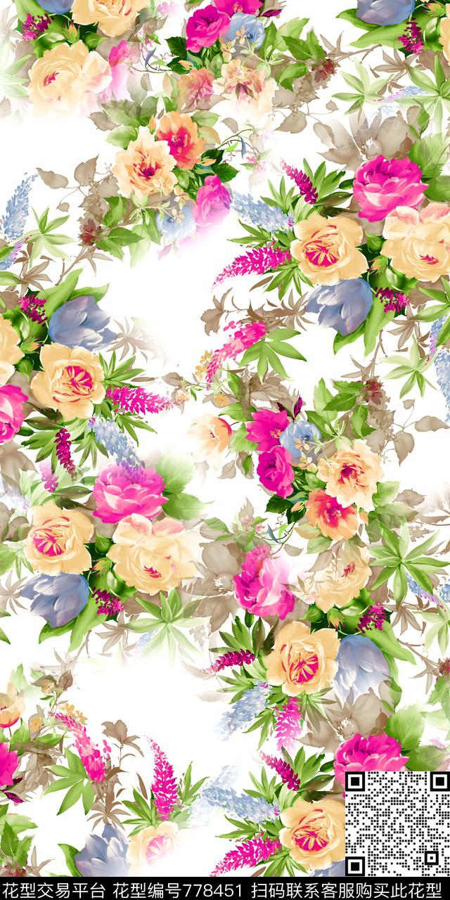 花卉乱花满版花数码印花华亿平台下载（图片编号: 778451） - 瓦栏（Walan）