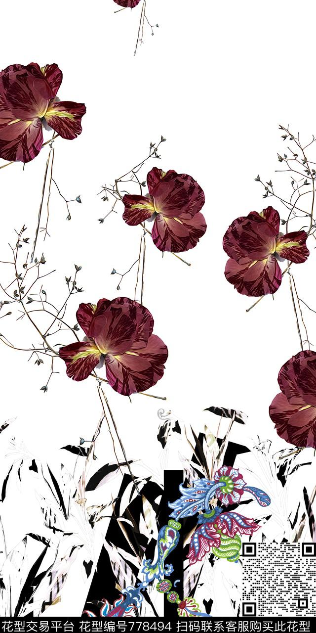 花卉大花几何数码印花华亿平台下载（图片编号: 778494） - 瓦栏（Walan）
