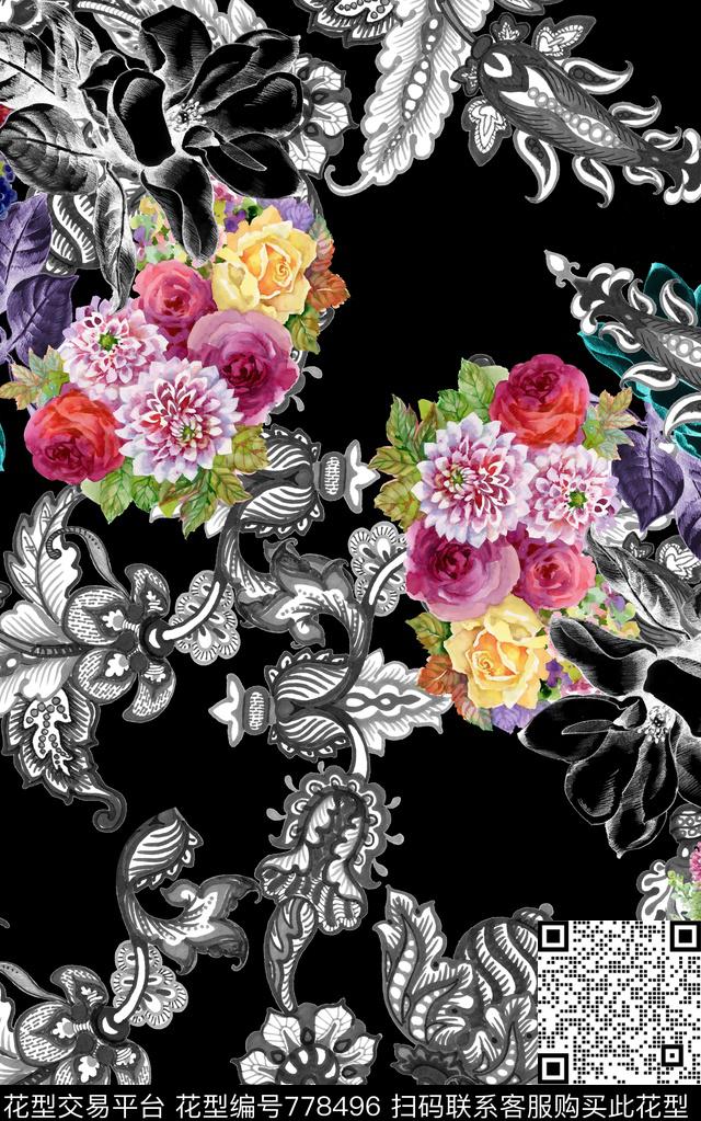 水彩花卉佩兹利数码印花华亿平台下载（图片编号: 778496） - 瓦栏（Walan）