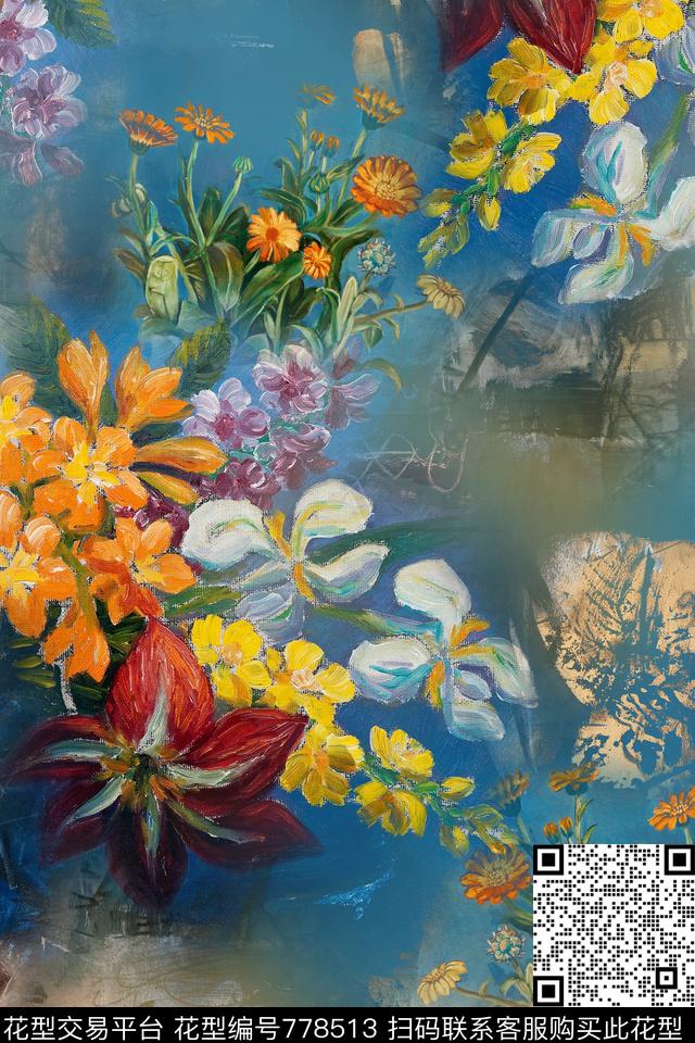 时尚手绘拼接数码印花华亿平台下载（图片编号: 778513） - 瓦栏（Walan）