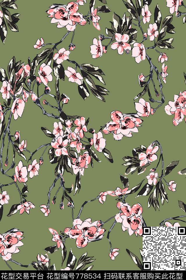 花朵手绘花卉桃花传统印花华亿平台下载（图片编号: 778534） - 瓦栏（Walan）