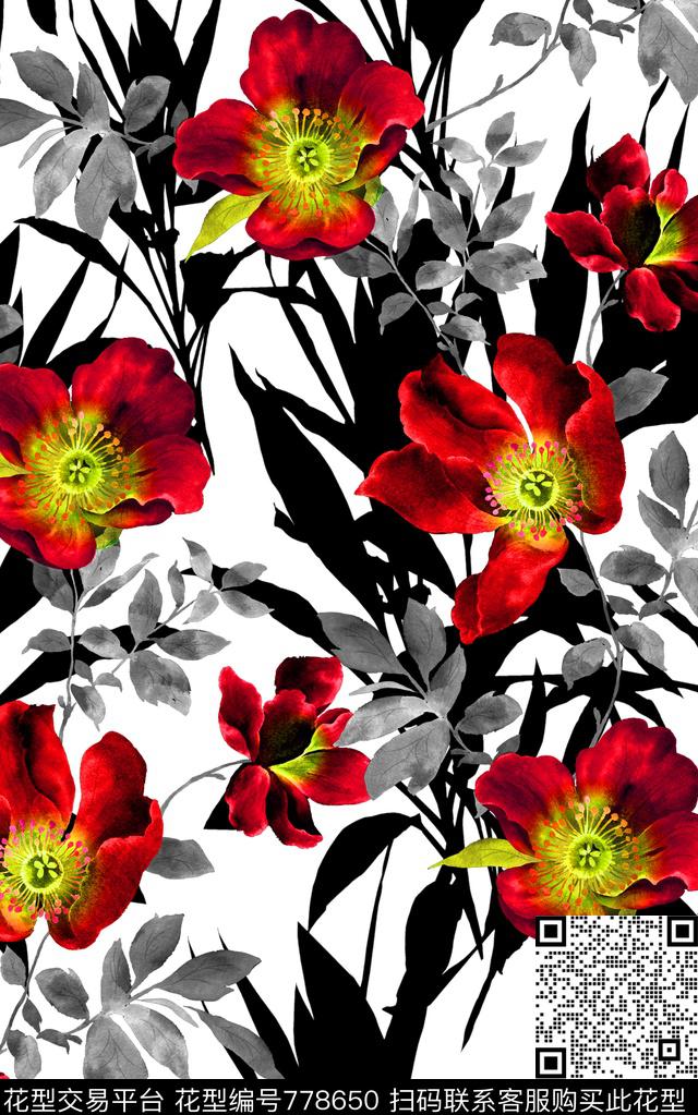 手绘大花水彩数码印花华亿平台下载（图片编号: 778650） - 瓦栏（Walan）