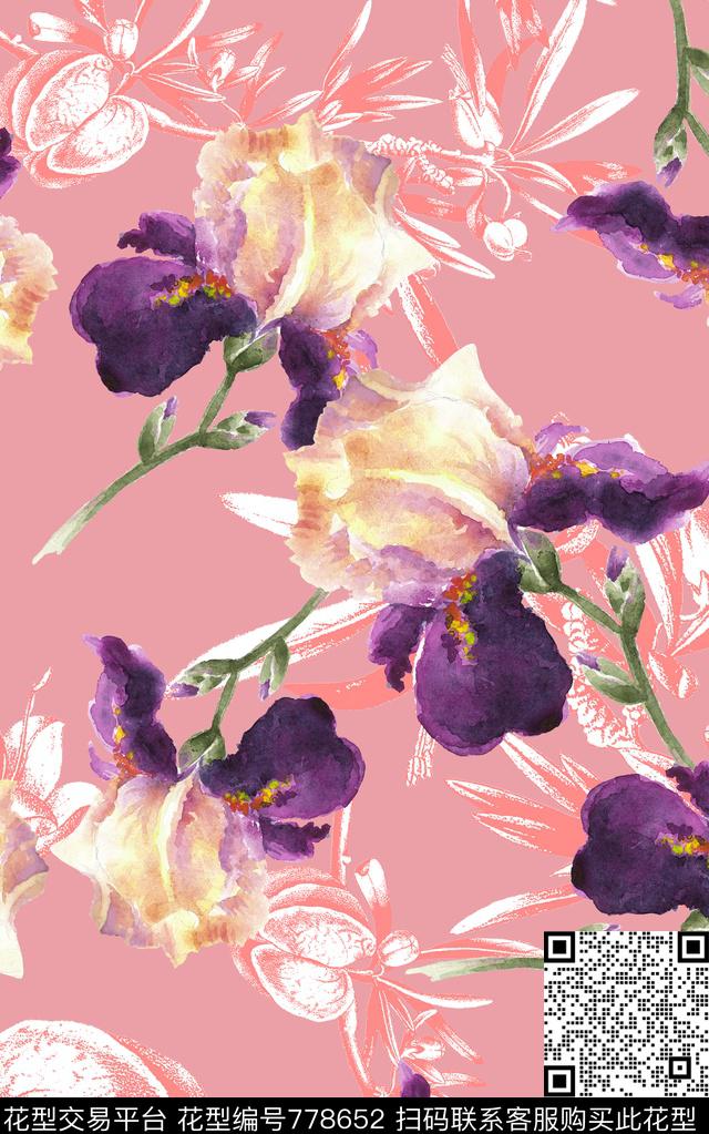 手绘大花水彩数码印花华亿平台下载（图片编号: 778652） - 瓦栏（Walan）