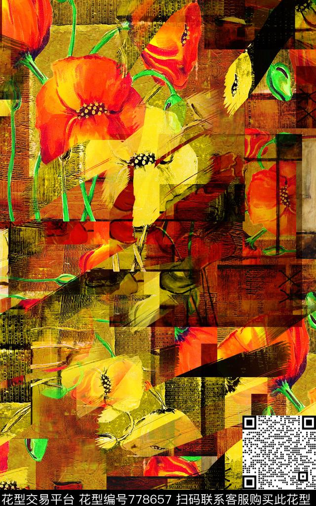 手绘大花水彩数码印花华亿平台下载（图片编号: 778657） - 瓦栏（Walan）