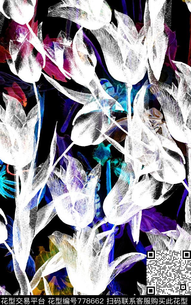 手绘大花热带数码印花华亿平台下载（图片编号: 778662） - 瓦栏（Walan）