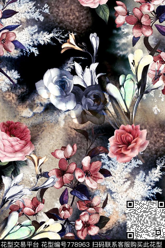 手绘水彩花卉数码印花华亿平台下载（图片编号: 778963） - 瓦栏（Walan）