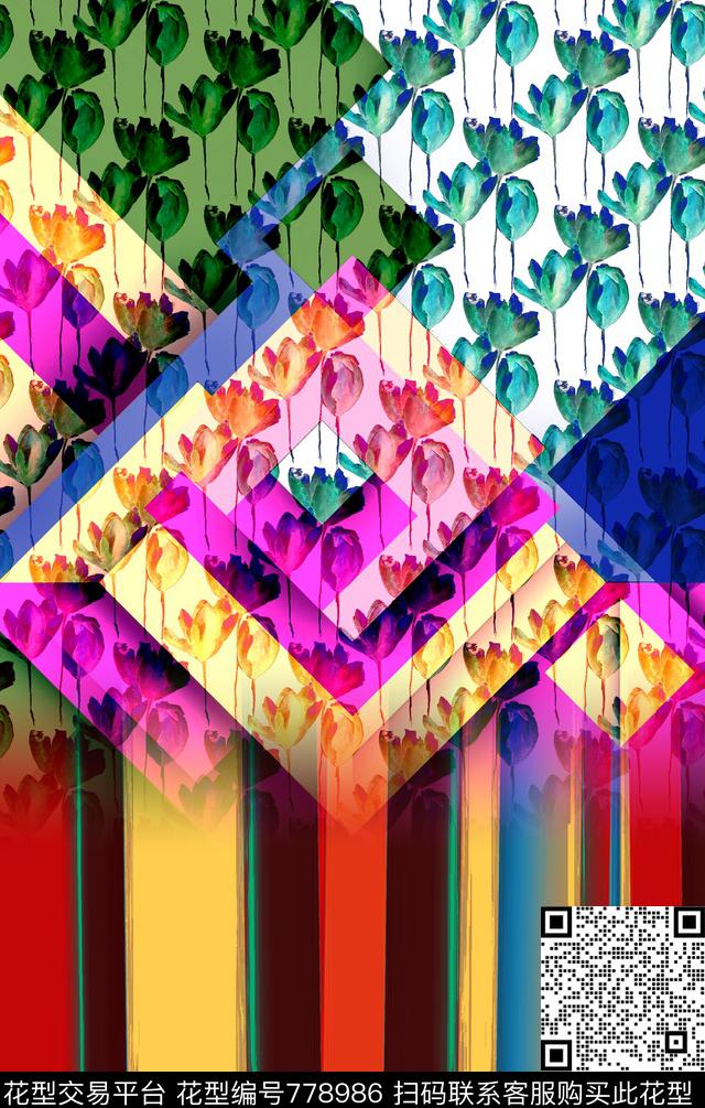 波西米亚条纹花卉数码印花华亿平台下载（图片编号: 778986） - 瓦栏（Walan）