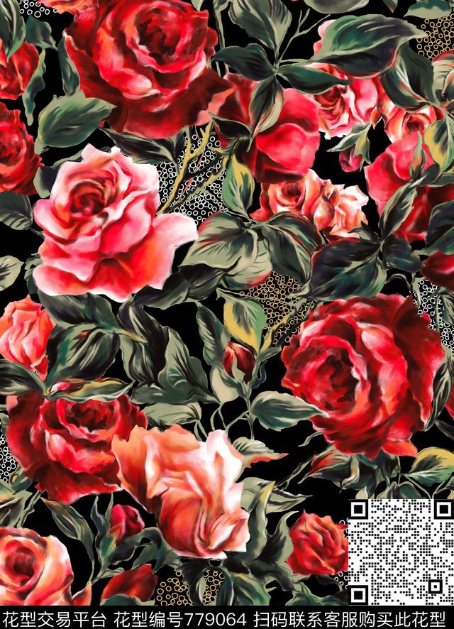 玫瑰油画花卉手绘花卉数码印花华亿平台下载（图片编号: 779064） - 瓦栏（Walan）