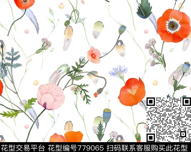 奇幻花卉水彩羽毛数码印花华亿平台下载（图片编号: 779065） - 瓦栏（Walan）