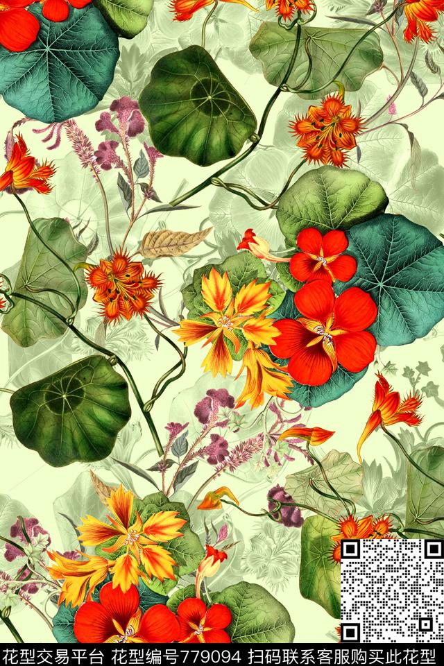 时尚手绘花卉数码印花华亿平台下载（图片编号: 779094） - 瓦栏（Walan）