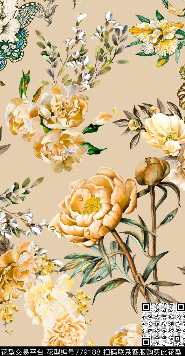手绘玫瑰花卉数码印花华亿平台下载（图片编号: 779188） - 瓦栏（Walan）