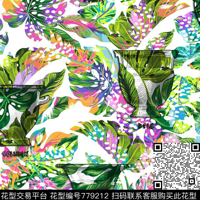 热带棕榈叶花卉数码印花华亿平台下载（图片编号: 779212） - 瓦栏（Walan）