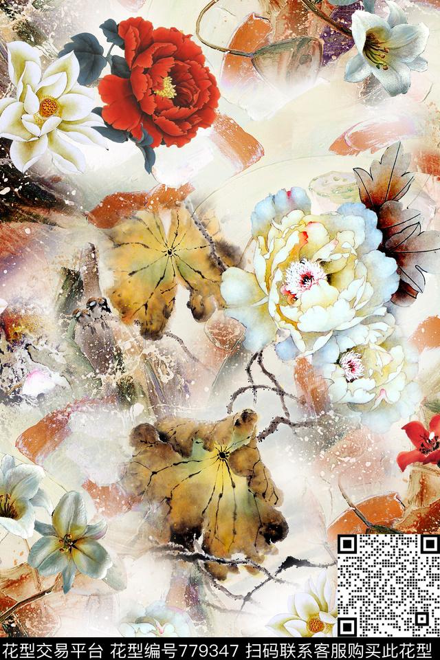 植物油画中国风数码印花华亿平台下载（图片编号: 779347） - 瓦栏（Walan）