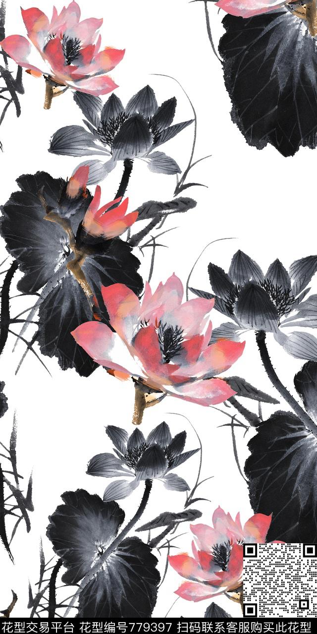 水墨画荷花花朵数码印花华亿平台下载（图片编号: 779397） - 瓦栏（Walan）