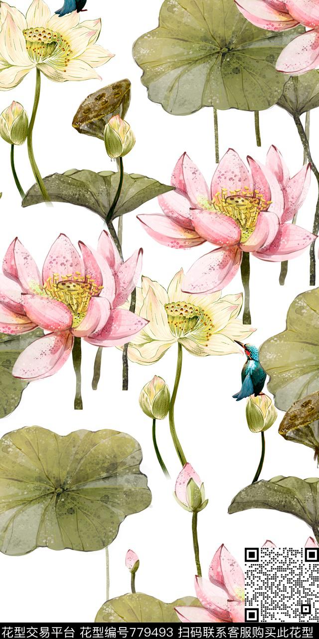 花鸟荷花手绘花卉数码印花华亿平台下载（图片编号: 779493） - 瓦栏（Walan）