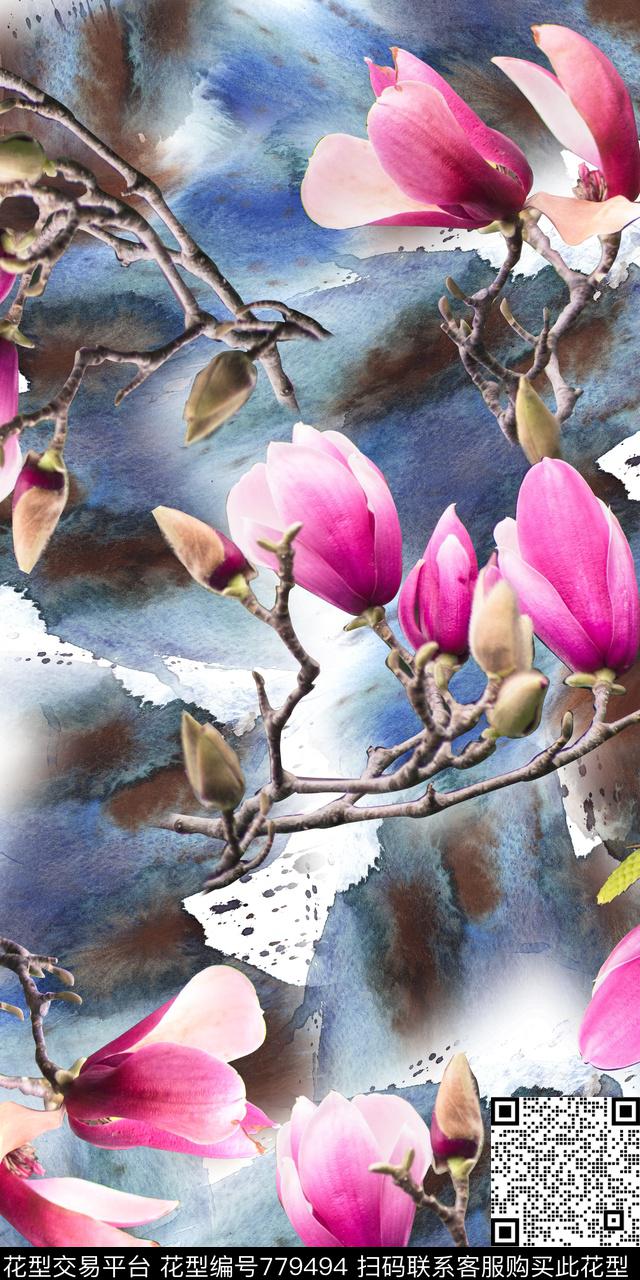 水彩底纹木棉花手绘花卉数码印花华亿平台下载（图片编号: 779494） - 瓦栏（Walan）