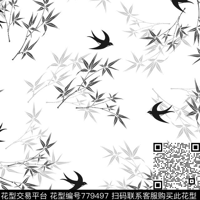 竹子竹叶鸟传统印花华亿平台下载（图片编号: 779497） - 瓦栏（Walan）