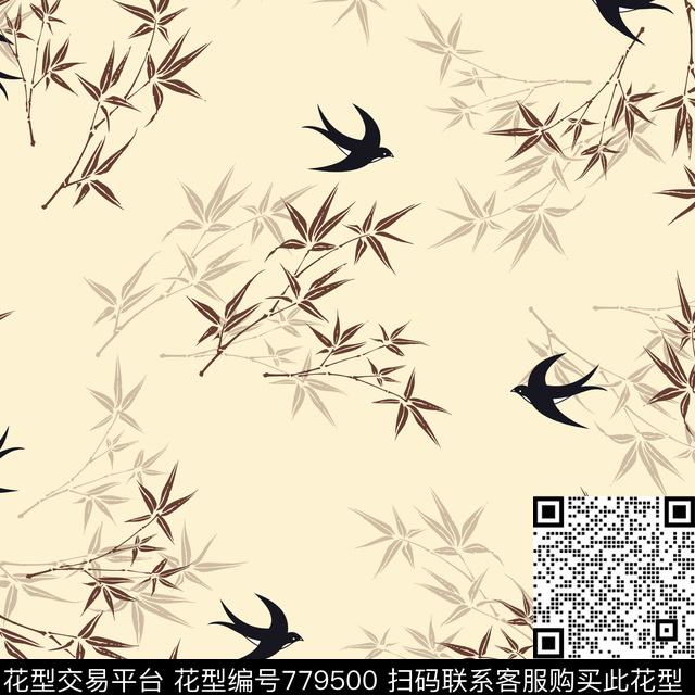 竹子竹叶鸟传统印花华亿平台下载（图片编号: 779500） - 瓦栏（Walan）