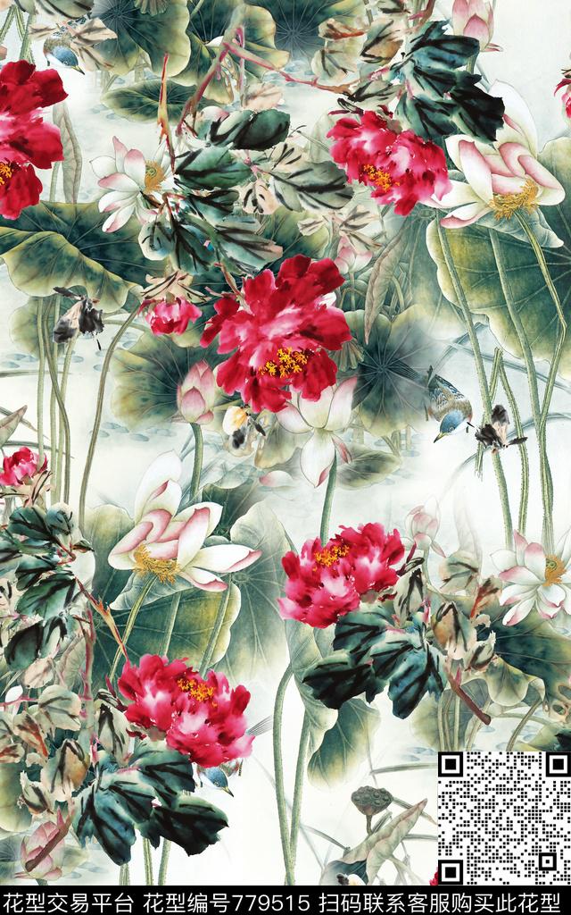 中国风国画花卉花朵数码印花华亿平台下载（图片编号: 779515） - 瓦栏（Walan）