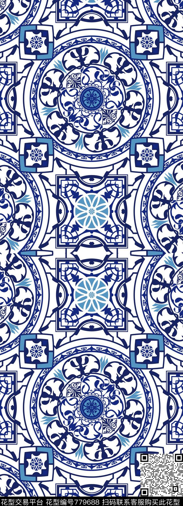 青花瓷中国风长巾青花长丝巾花卉长围巾传统印花华亿平台下载（图片编号: 779688） - 瓦栏（Walan）