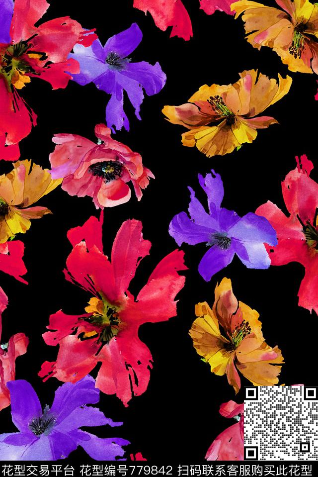 手绘花瓣花朵数码印花华亿平台下载（图片编号: 779842） - 瓦栏（Walan）