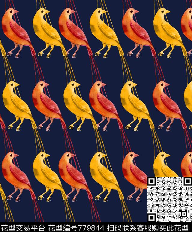 手绘鸟类几何数码印花华亿平台下载（图片编号: 779844） - 瓦栏（Walan）