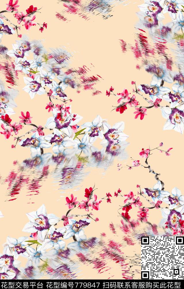 水波纹花卉纹理数码印花华亿平台下载（图片编号: 779847） - 瓦栏（Walan）
