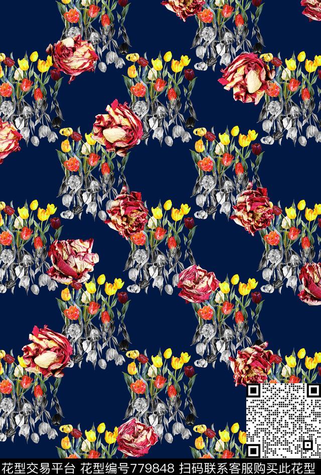 郁金香花卉方格数码印花华亿平台下载（图片编号: 779848） - 瓦栏（Walan）