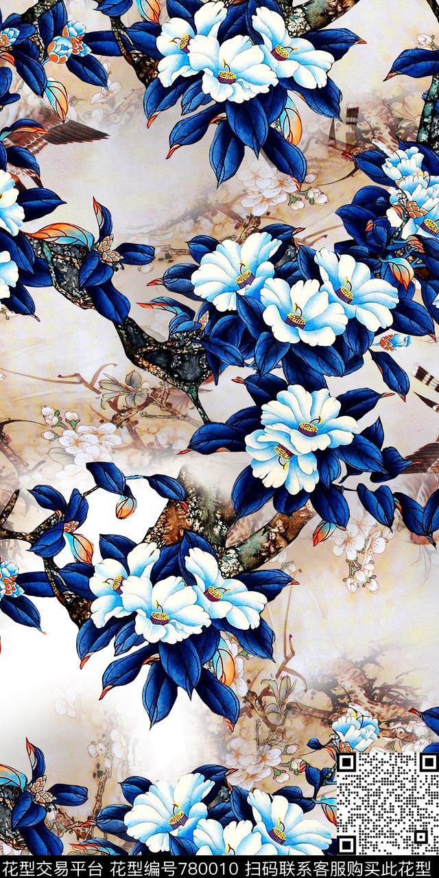 手绘花卉花鸟底纹复古底纹数码印花华亿平台下载（图片编号: 780010） - 瓦栏（Walan）