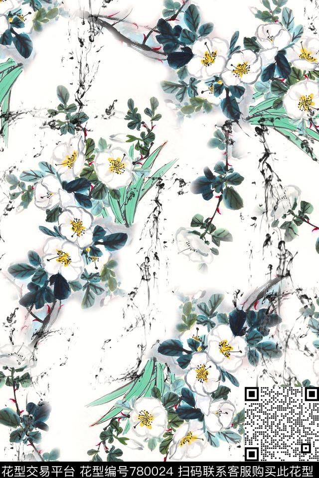 水墨花卉中国风数码印花华亿平台下载（图片编号: 780024） - 瓦栏（Walan）